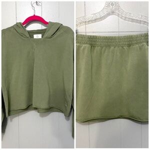 Aerie Offline Olive Green Jersey Knit Raw Hems Crop Hoodie Mini Skirt Set M